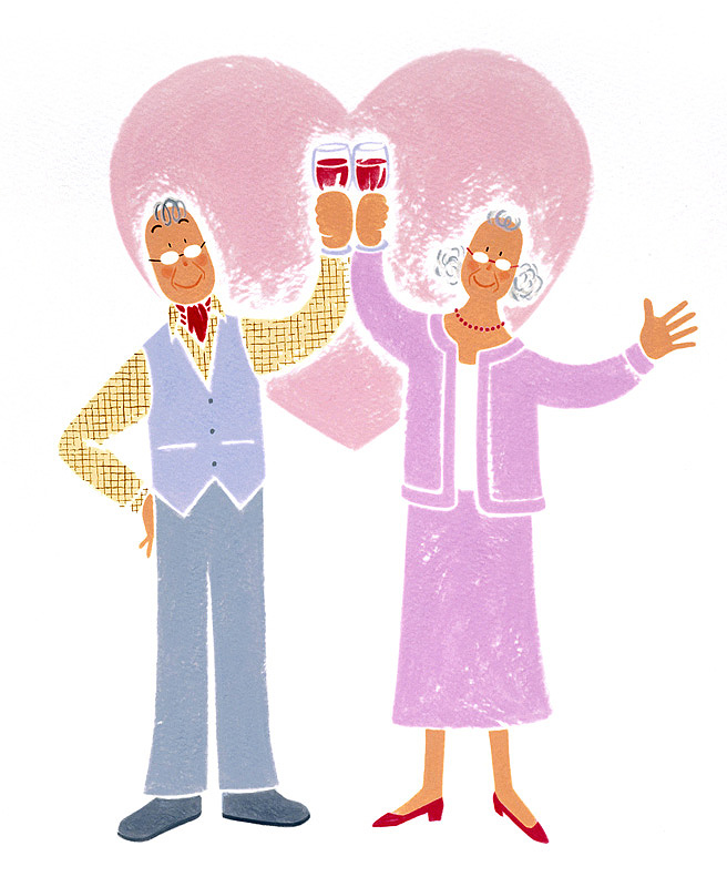 老夫婦・熟年夫婦イラスト　ハートを背景に乾杯する熟年カップル