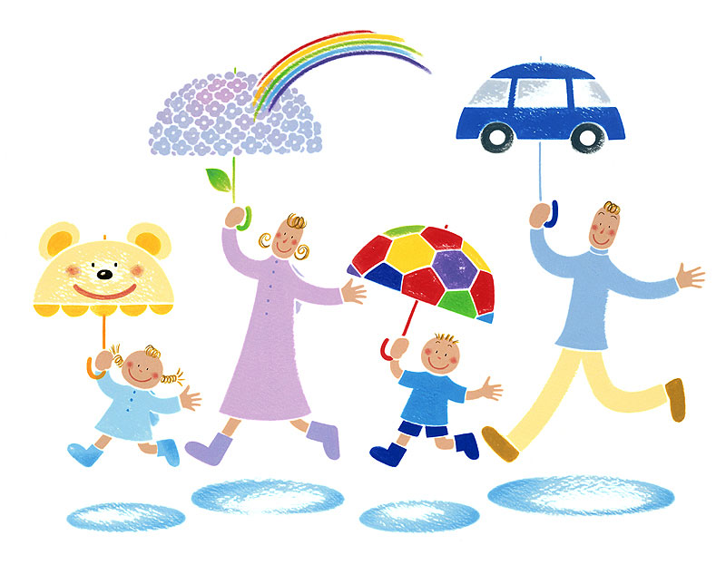 かわいい梅雨・雨の日イラスト　カラフルな傘でお出かけする家族