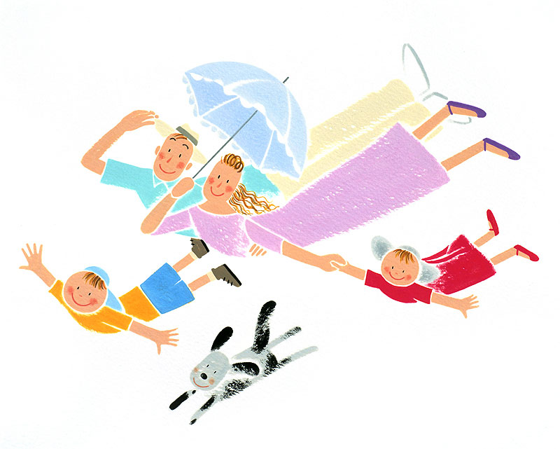 かわいい家族イラスト　魔法の傘で空を飛ぶファミリー