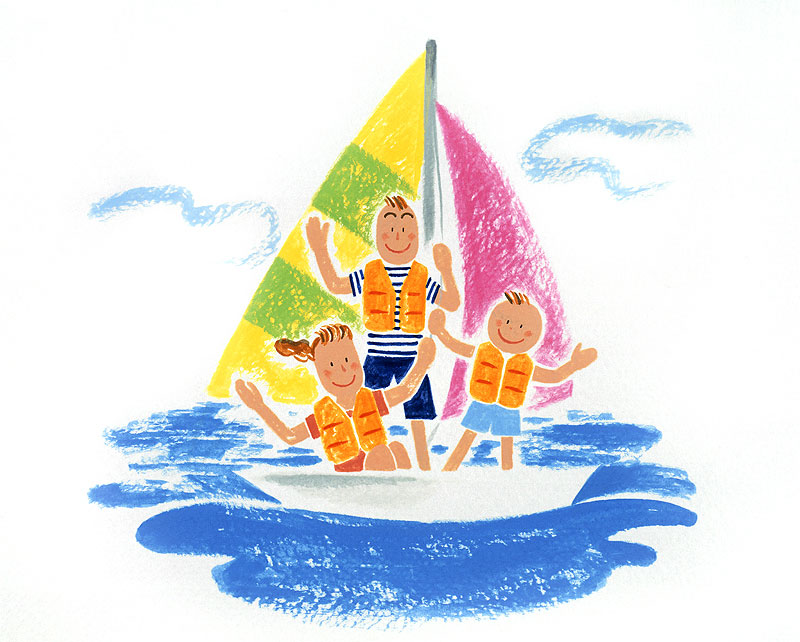 夏の家族イラスト　海でかわいいヨットに乗るライフジャケットを着たファミリー