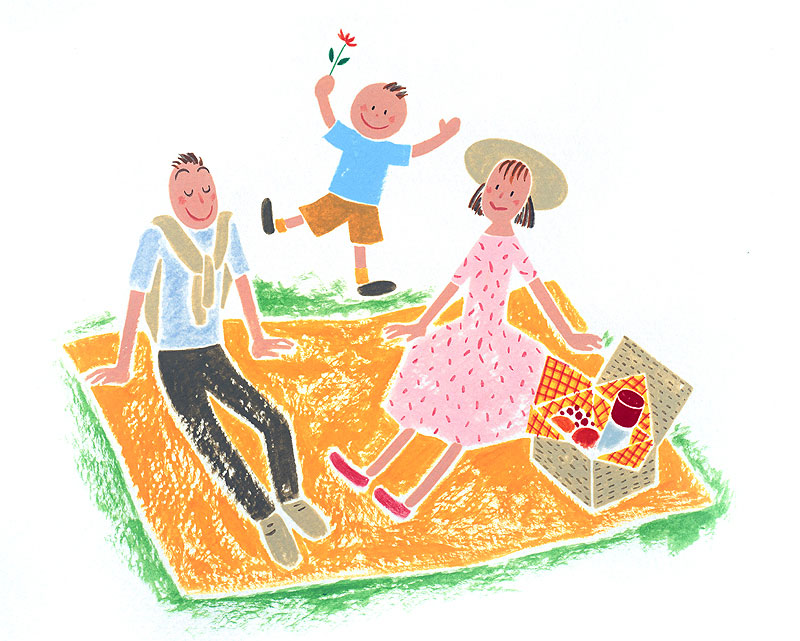 ファミリーイラスト　レジャーシートを広げピクニックをするかわいい家族
