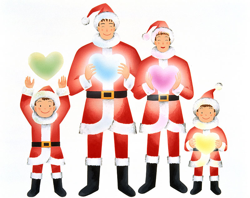 岩崎みよこ　光るハートを持つサンタクロース服家族のクリスマスイラスト