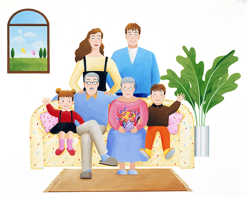 ファミリーイラスト　祖父母とソファーに座る親子４人窓に風景