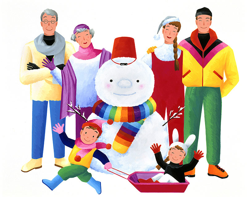 ファミリーイラスト　マフラーの雪だるまとソリに乗る子供と家族