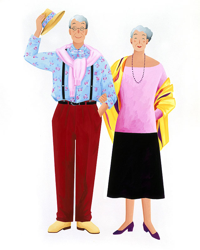 岩崎みよこ　オシャなファッションでおでかけの元気で若い高齢夫婦イラスト