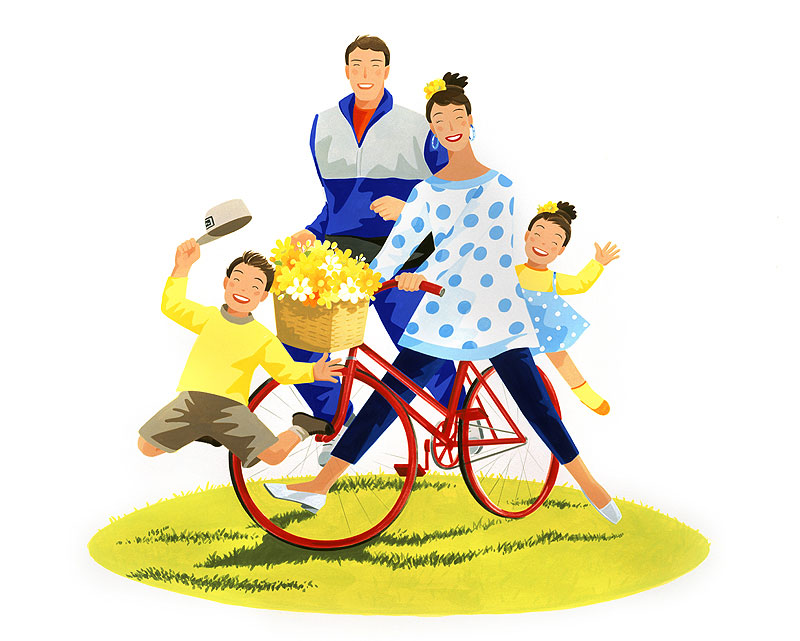 ファミリーイラスト　自転車の篭に花を入れ笑顔で走る両親と子供