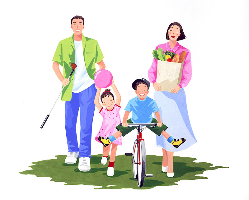 ファミリーイラスト　自転車に乗り買い物やゴルフの練習の家族