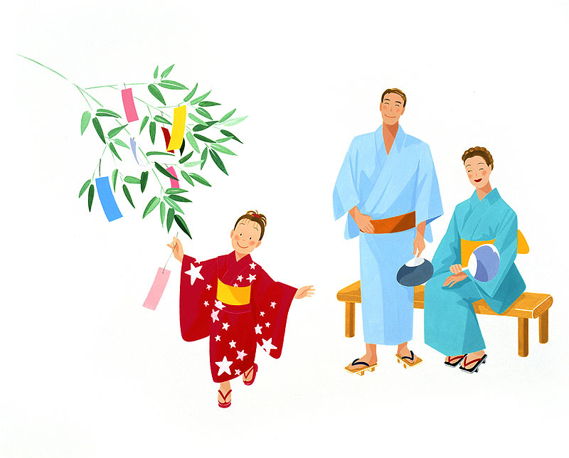 七夕イラスト　七夕の笹に短冊を飾るかわいい浴衣姿の家族