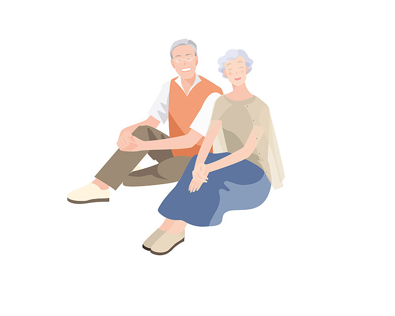 老夫婦イラスト　敬老の日笑顔で寄り添って座る眼鏡の男性の熟年老夫婦イラスト