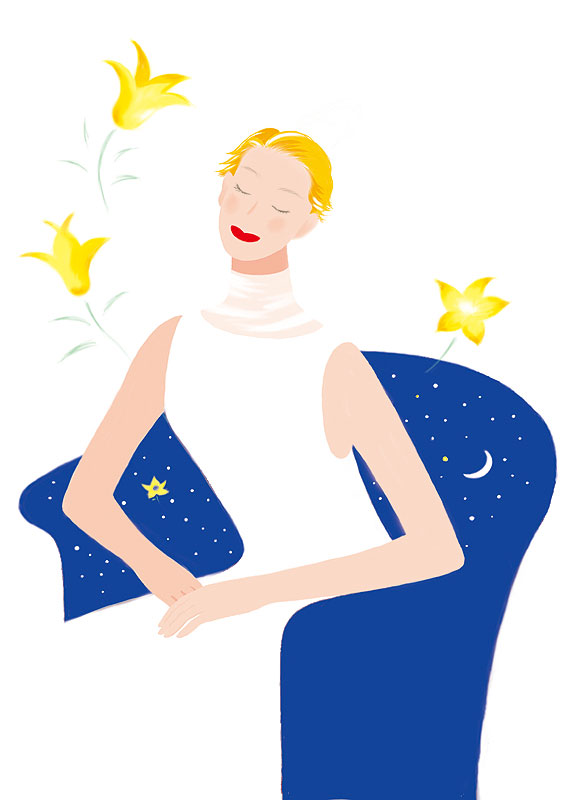 女性イラスト　月と星と花模様の椅子に座る目を閉じる女性