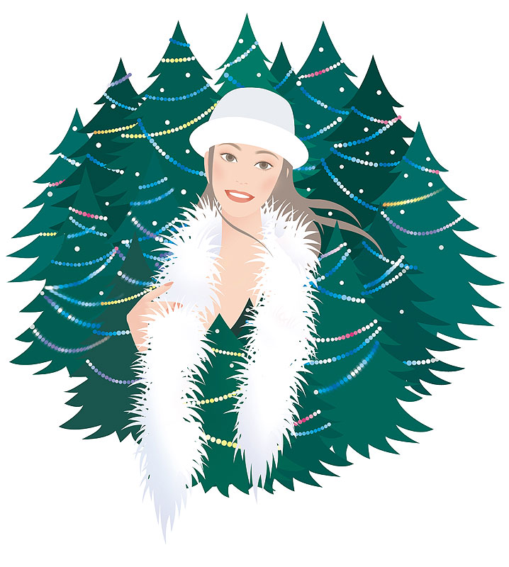 クリスマスパーティーイラスト　モミの木を飾るイルミネーションと女性
