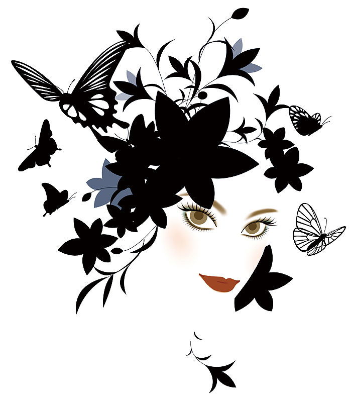 岩崎みよこ　ファッションイラスト　黒い花と蝶　斜め顔の見詰める女性
