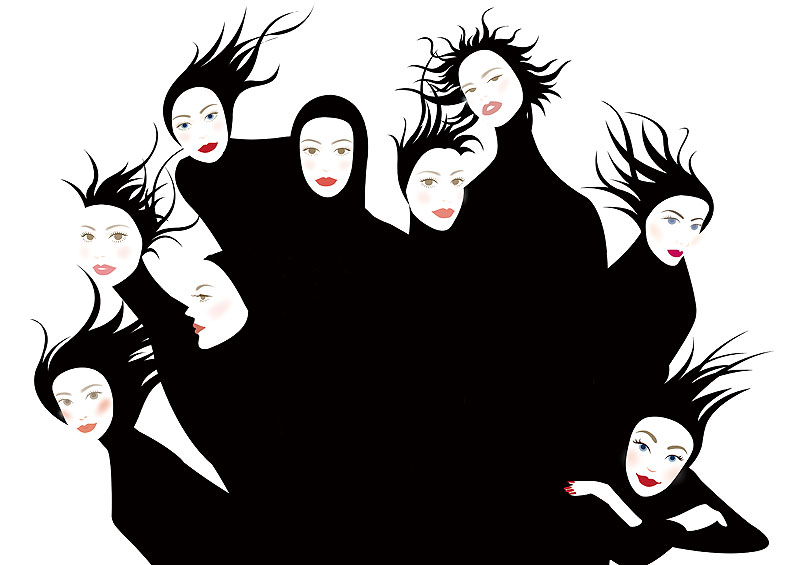 岩崎みよこ　ファッションイラスト　黒いパターンの９人の女性