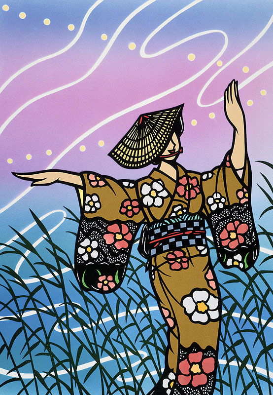日本の四季と伝統のお祭りイラスト　富山のお祭り「越中八尾おわら風の盆」イラスト