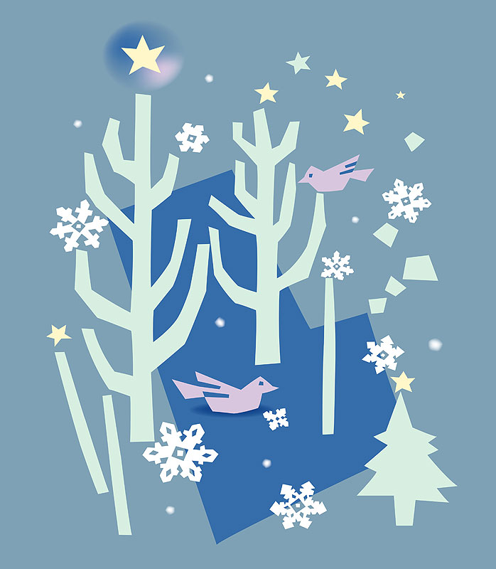 冬の森イラスト　雪の結晶と森の木