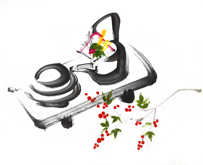 手描き水彩画お正月イラスト：お屠蘇と盃と赤い南天の実