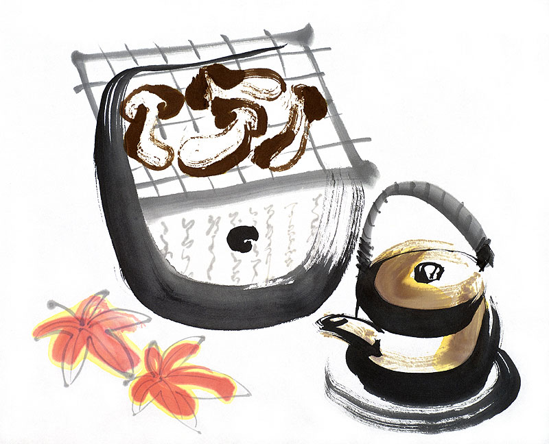 秋の味覚・松茸イラスト　焼き松茸と松茸の土瓶蒸し