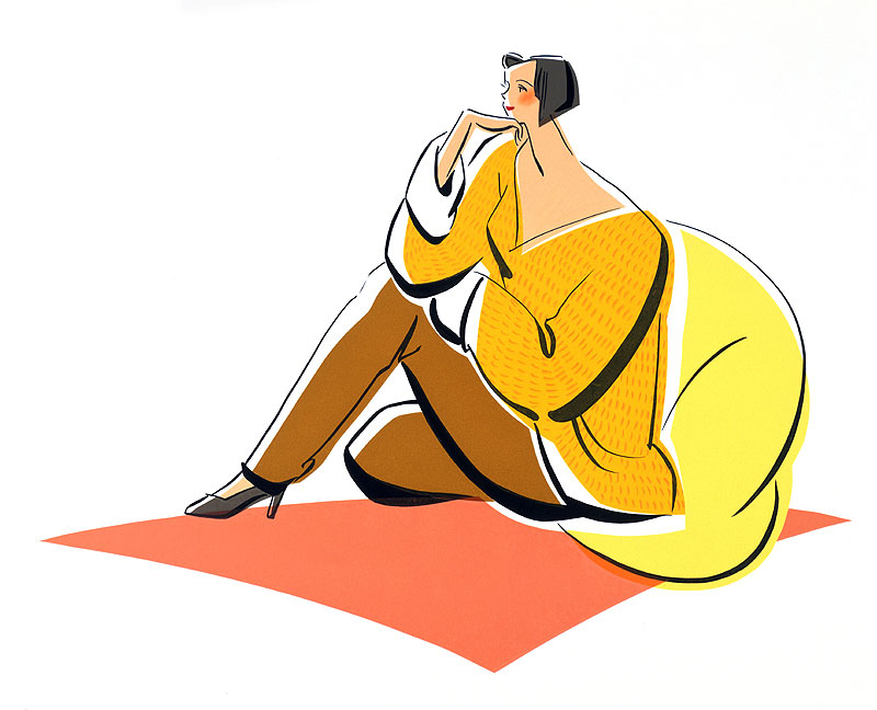 亀井広美　床に座ってくつろぐ女性の暖色イラスト