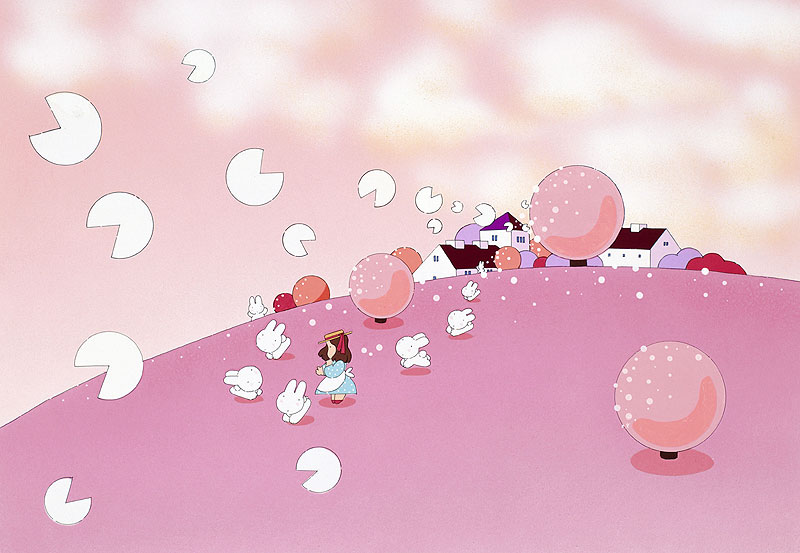 桜の花びら舞うピンクの丘で遊ぶ少女と兎