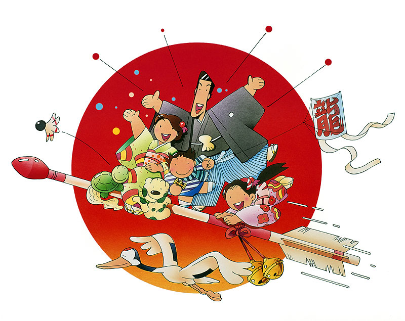 川野隆司　お正月イラスト　日の丸をバックに飛ぶ矢とその上に乗る家族のイラスト