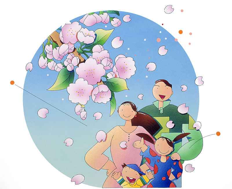 川野隆司　桜咲く春の風景と仲良し家族のお花見イラスト