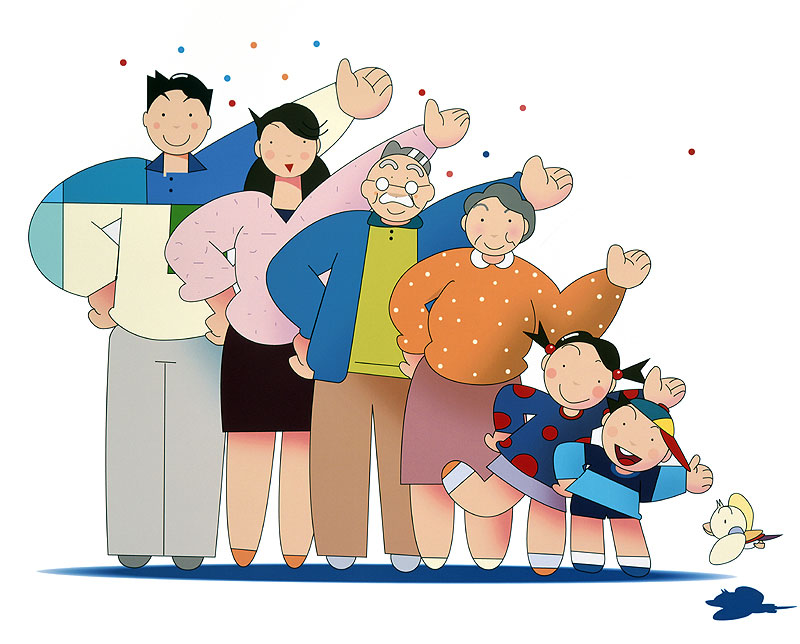川野隆司　並んだ家族の段々イラスト　子ども・家族・ファミリーイラスト