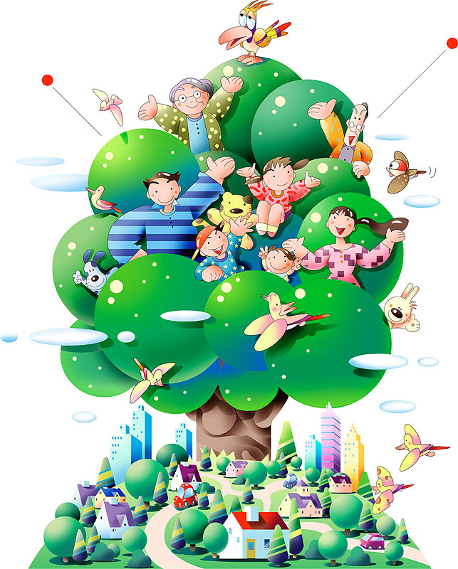 一本の大きな木と家族のイラスト