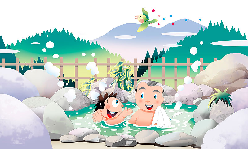 家族旅行イラスト　露天風呂温泉で入浴するおじいさんと孫
