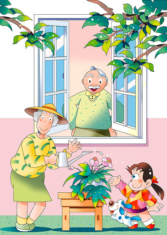 老夫婦イラスト　窓辺で水やりを楽しむおばあさんと家族