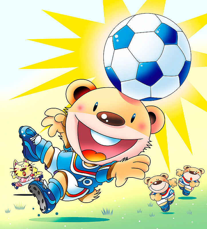 サッカーをする動物イラスト　サッカーボールをヘディングする熊