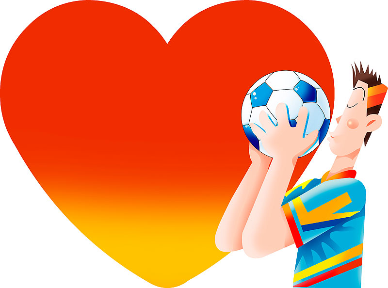 サッカーイラスト　サッカーボールにキスする選手とハートマーク