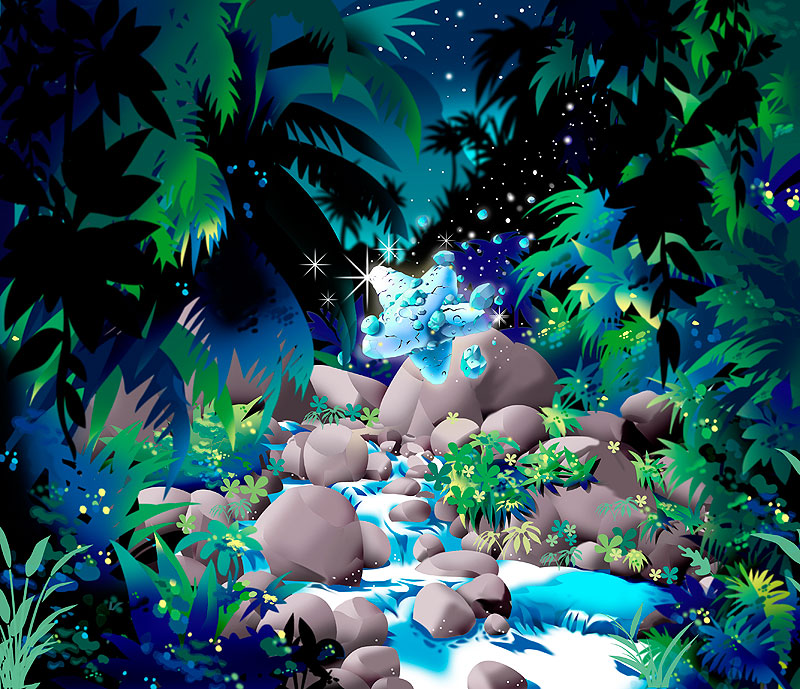 ジャングルの川に落ちる流れ星の隕石