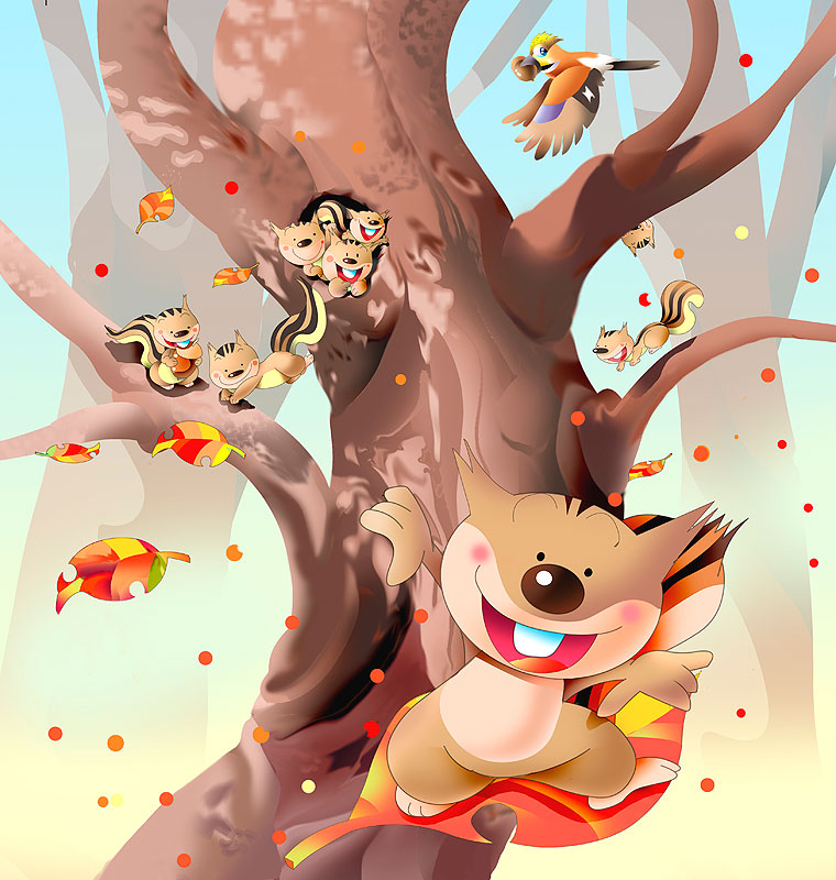 秋の動物イラスト　赤く紅葉した木の葉で遊ぶリス家族