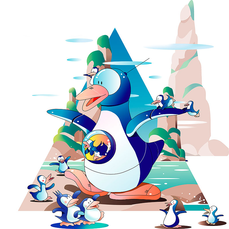岩山の水辺で遊ぶペンギンロボットと仲間たち