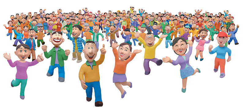 大勢の人々・楽しそうに両手を上げる笑顔の群衆のイラスト
