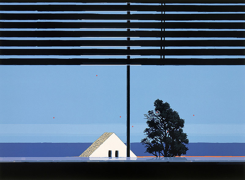 風景イラスト　青い海と白い家