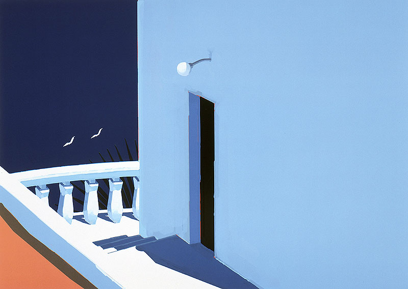 ギリシャのミコノス島を思わせる青い風景と白い家のイラスト