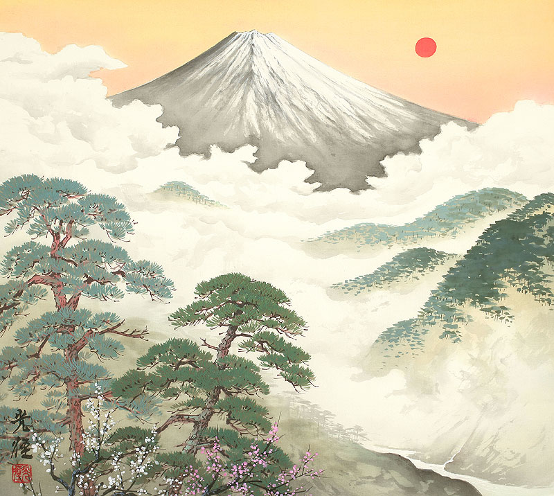 四季の山水画 松と日の出富士 1月