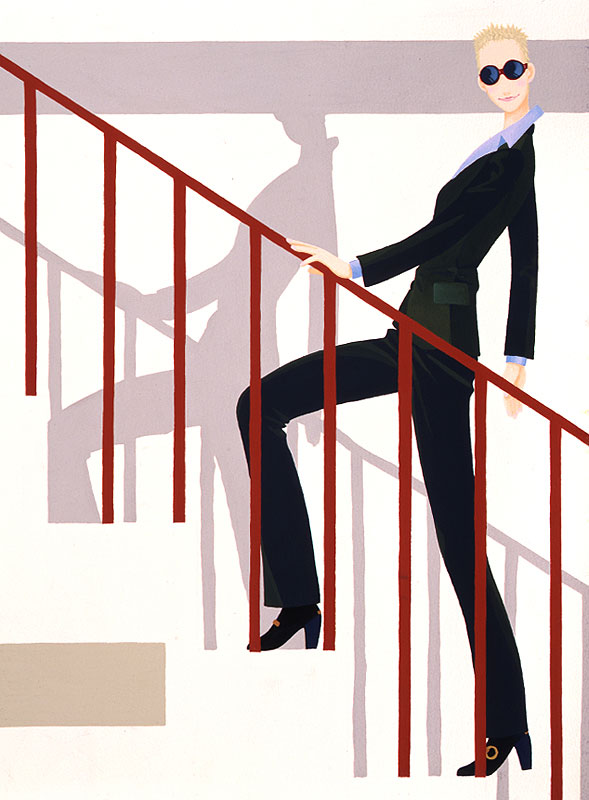 人物イラスト　サングラスをかけて階段を上る女性
