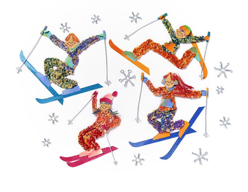 レジャーイラスト　雪の結晶とスキーをする4人