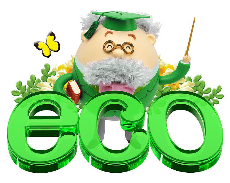 エコ　緑色のエコ文字と共に植物と蝶に囲まれて笑う博士