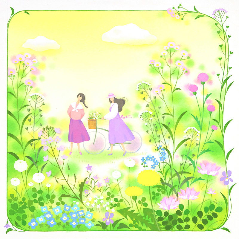 春の野原と草花の4月の野原を散歩する少女たちイラスト