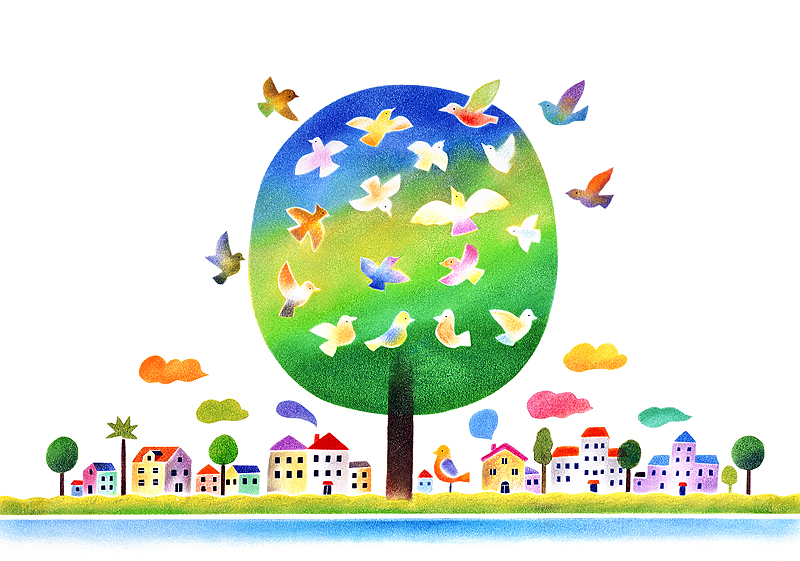 元井進　木に集まる鳥たちと町並みの風景イラスト