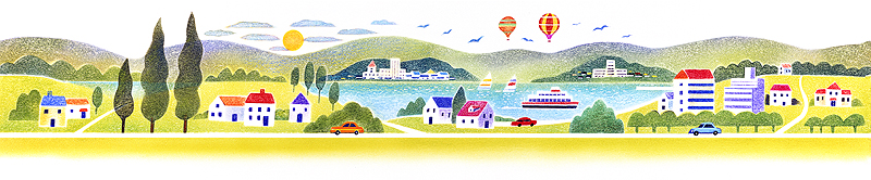 風景イラスト　湖と船と気球のあるパノラマ
