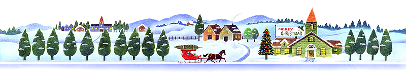 元井進 クリスマスフレーム素材イラスト　クリスマスの町を走る馬車と雪景色の町の風景フレーム素材イラスト