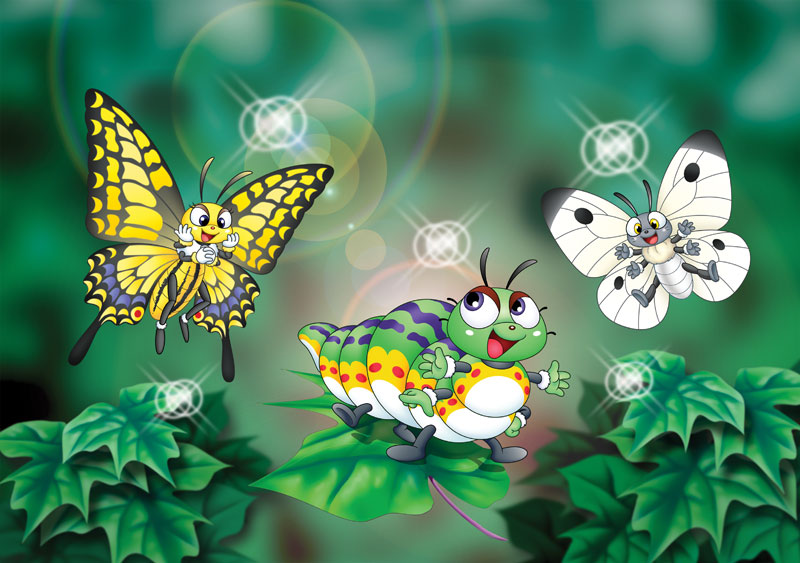 動物イラスト　木の葉に乗って飛ぶいも虫、見ている蝶達