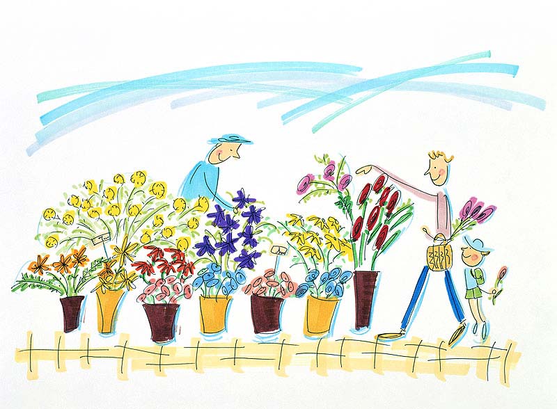 ガーデニングイラスト　花屋で花を選ぶ親子