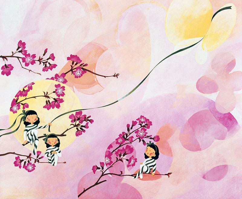 中田ゆう子 春の少女と鮮やかな桜の花と緑のリボンイラスト