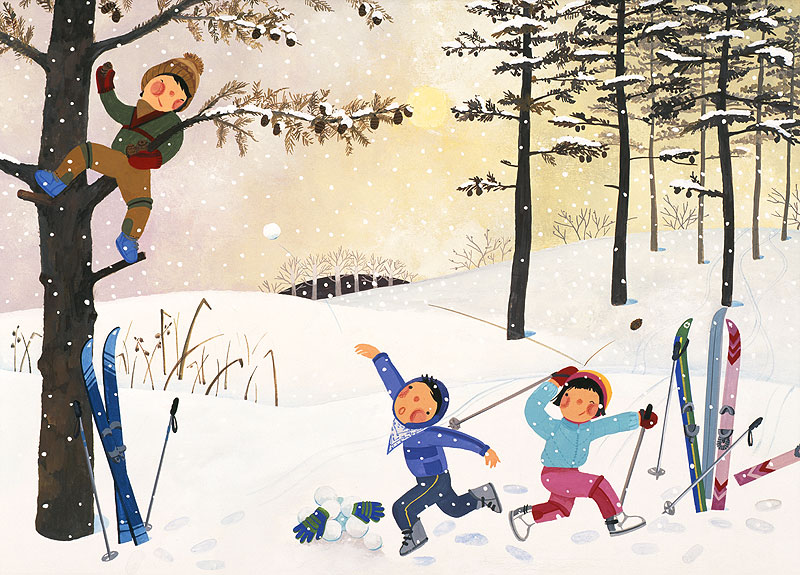 冬の雪山でスキーと雪合戦する子どもたち