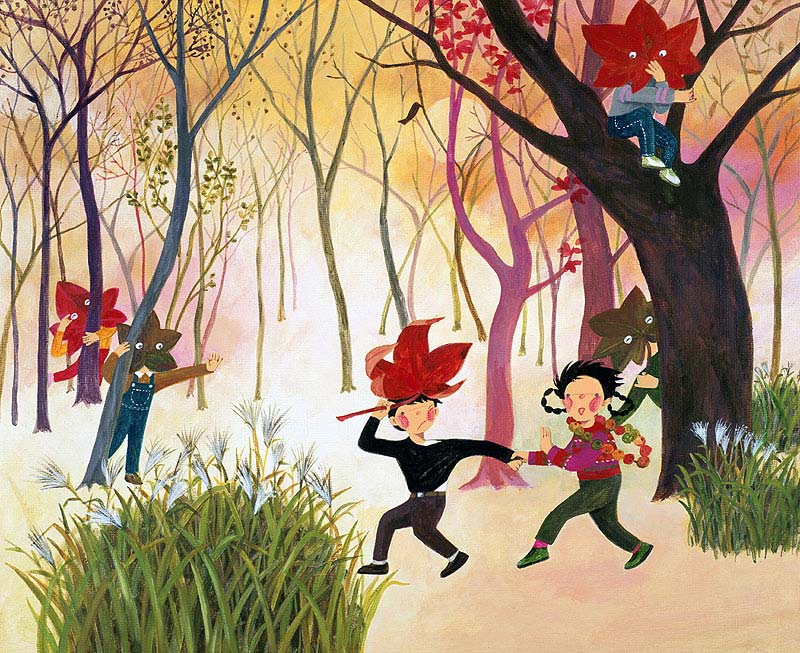 子供イラスト　落ち葉の森で鬼ごっこする少年少女たち